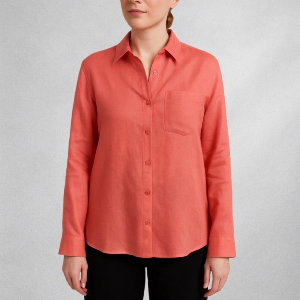 Westbound Linen Button Down Shirt Coral Cropped Long Sleeve Women’s M Petite